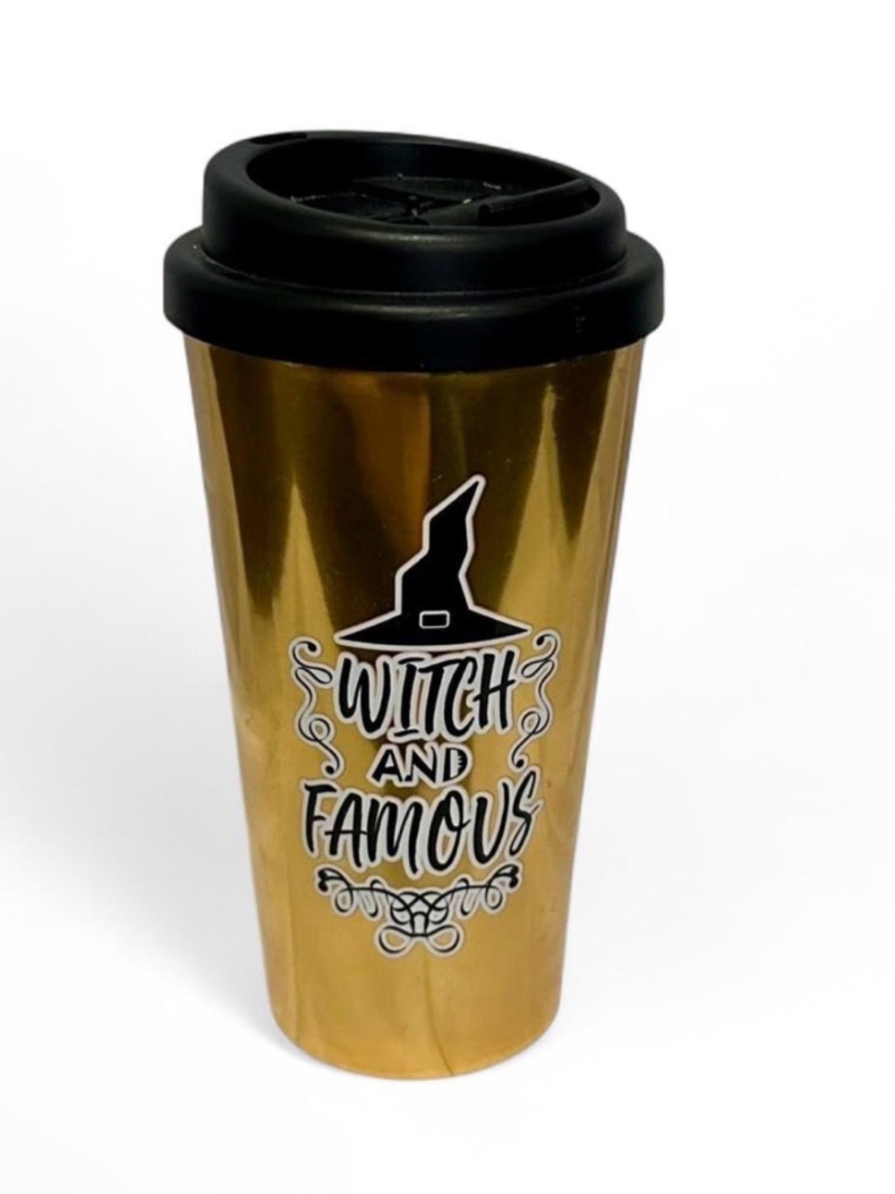 Gold Travel Mug with Witch Hat Design